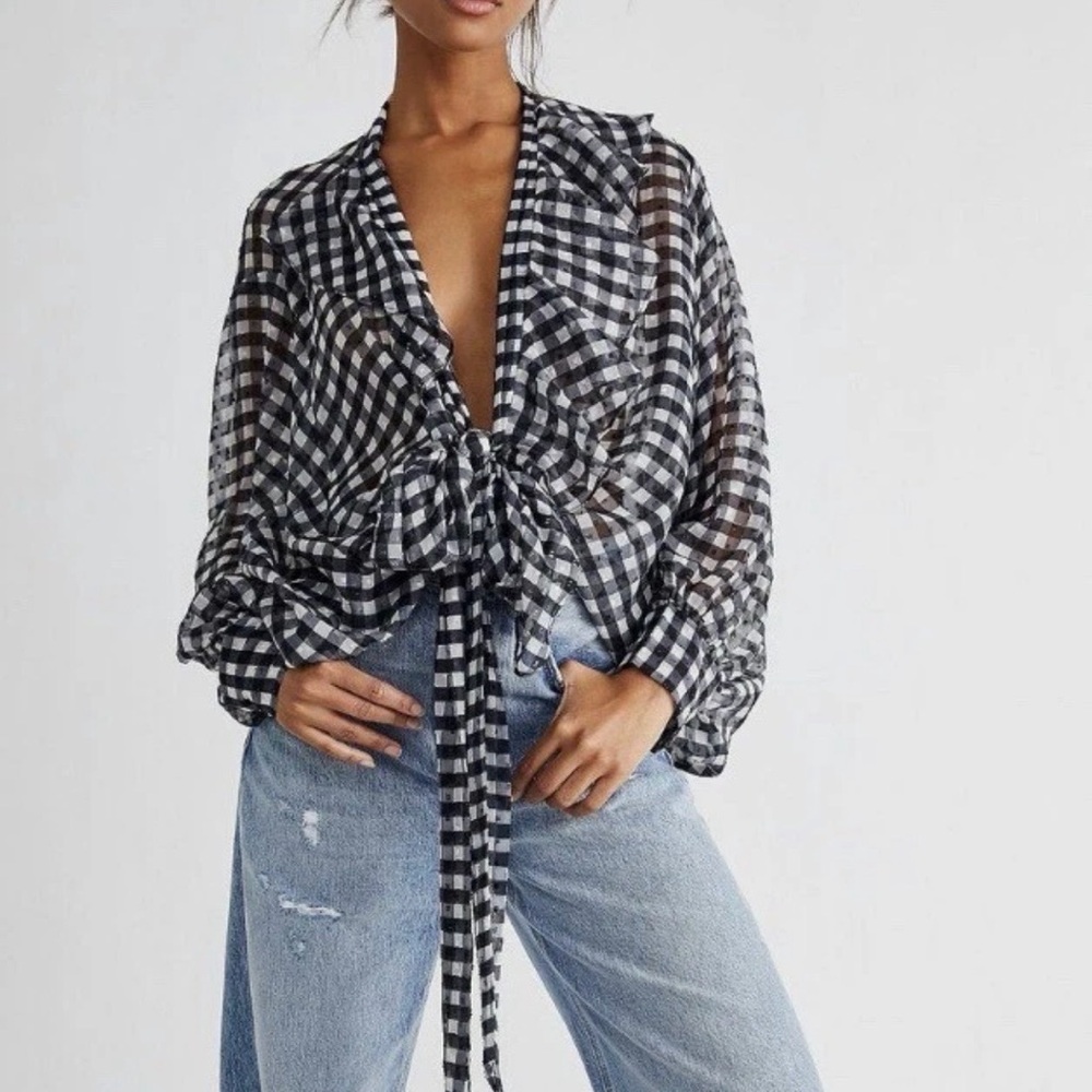 Free People Black and White Gingham Sheer Tie-Front Blouse